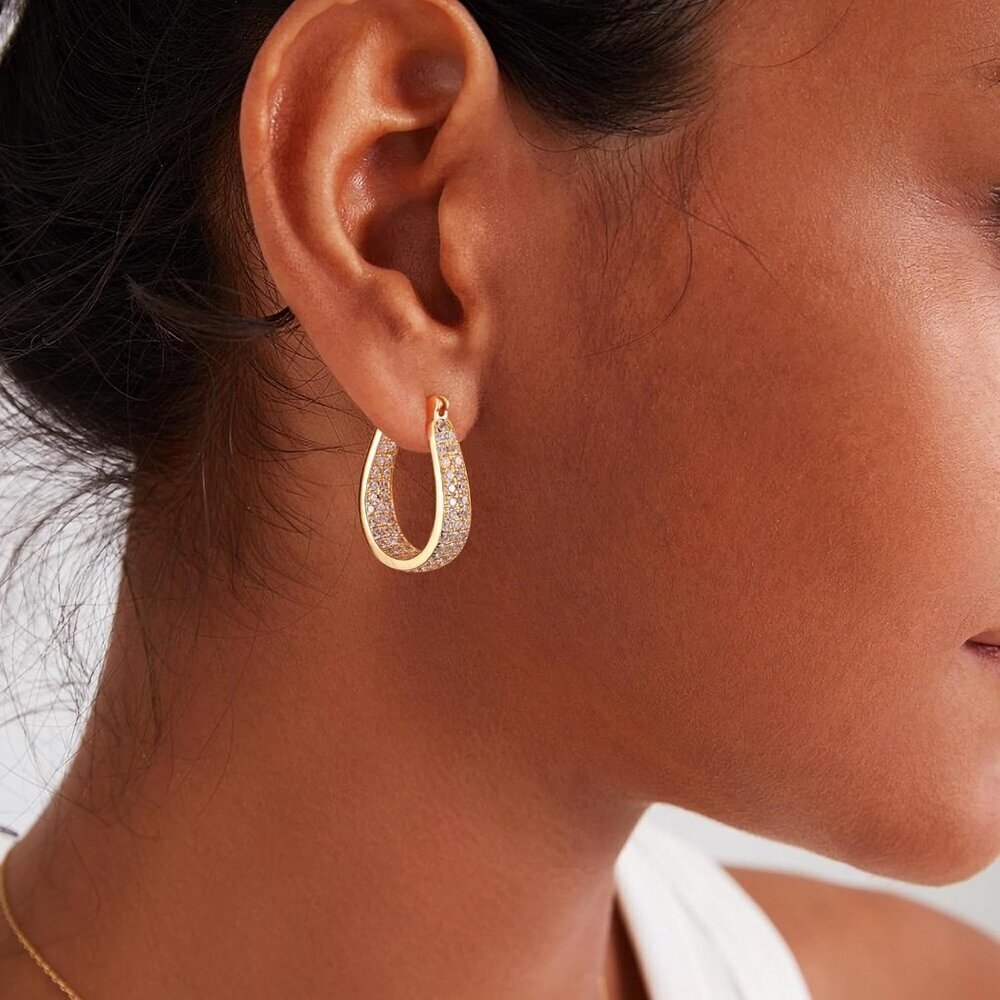 14K Gold Plated Hoop Earrings Women Oval Chunky Jewelry with Cubic Zirconia - Picture 2 of 8